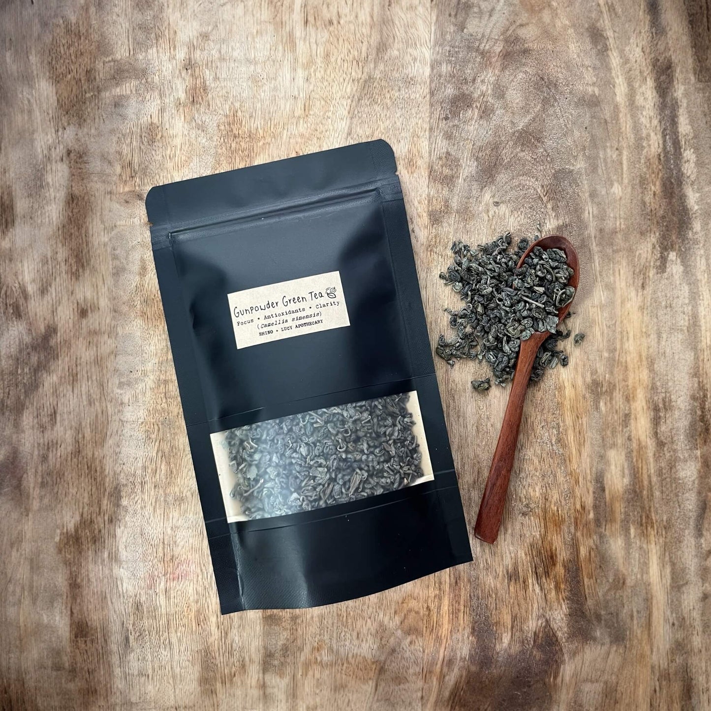 Gunpowder Green Tea is made from tightly rolled leaves, slightly smoky flavor, full of antioxidants and naturally energizing, a fantastic swap for coffee lovers. Shop Rhino and Lucy, Curated Herbal Teas for Wellness, Ritual & Gifting.