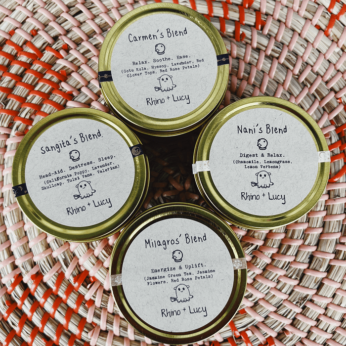 Shop Rhino and Lucy Custom Teas! Tea Blends designed just for you or your bestie, with a personalized label in a cute gold gift tin :) Tell us about yourself and your lifestyle (or your recipient's) so our herbalist Lucy can mix up the perfect blend! ❤️