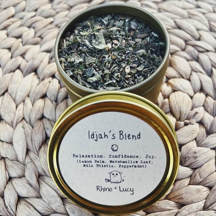 Shop Rhino and Lucy Custom Teas! Tea Blends designed just for you or your bestie, with a personalized label in a cute gold gift tin :) Tell us about yourself and your lifestyle (or your recipient's) so our herbalist Lucy can mix up the perfect blend! ❤️