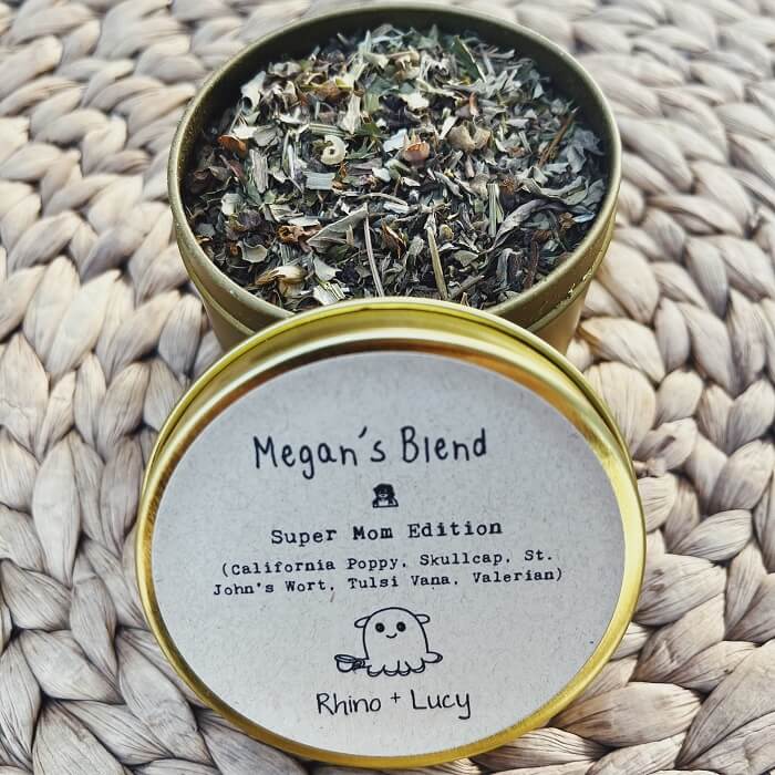 Shop Rhino and Lucy Custom Teas! Tea Blends designed just for you or your bestie, with a personalized label in a cute gold gift tin :) Tell us about yourself and your lifestyle (or your recipient's) so our herbalist Lucy can mix up the perfect blend! ❤️