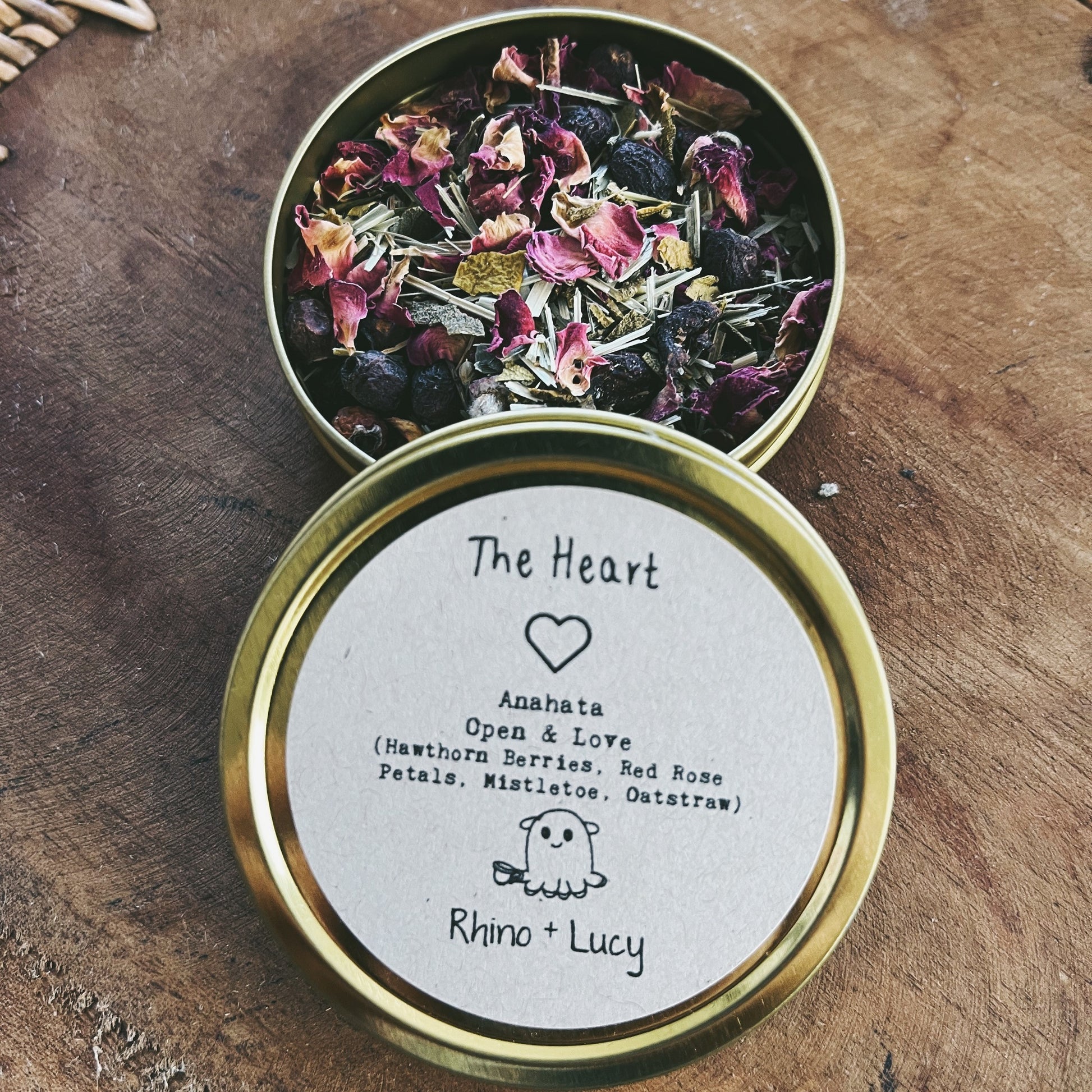 HEART Chakra Tea (Anahata) "Open & Love" Ingredients: Hawthorn Berries, Red Rose Petals, Mistletoe, Oatstraw Color: Green Location: Chest Affirmation: I Love Yoga Pose: Cobra | Rhino and Lucy