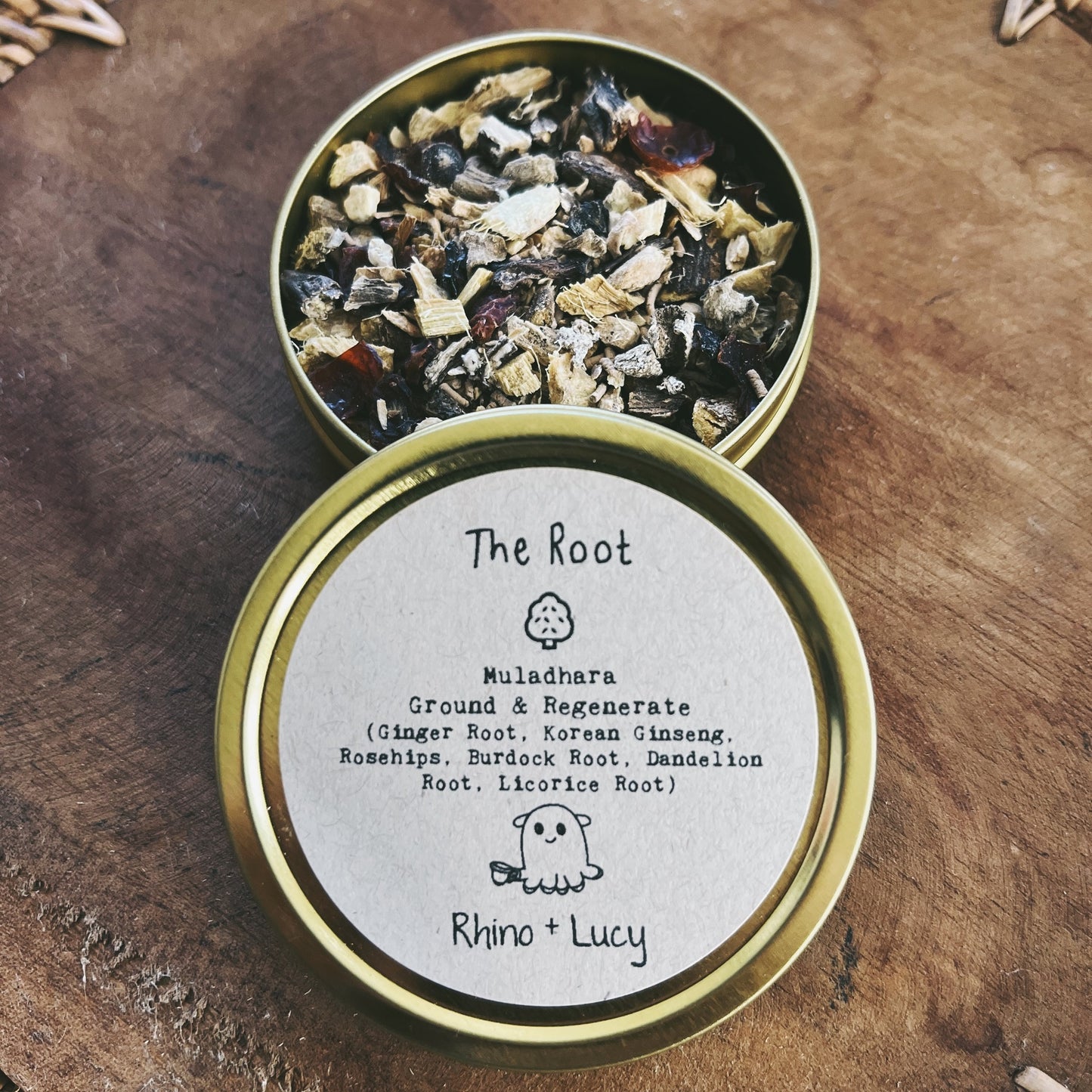 ROOT Chakra Tea (Muladhara) "Ground & Regenerate" Ingredients: Ginger Root, Korean Ginseng, Rosehips, Burdock Root, Dandelion Root, Licorice Root Color: Red Location: Base of Spine Affirmation: I Am Yoga Pose: Child | Rhino and Lucy