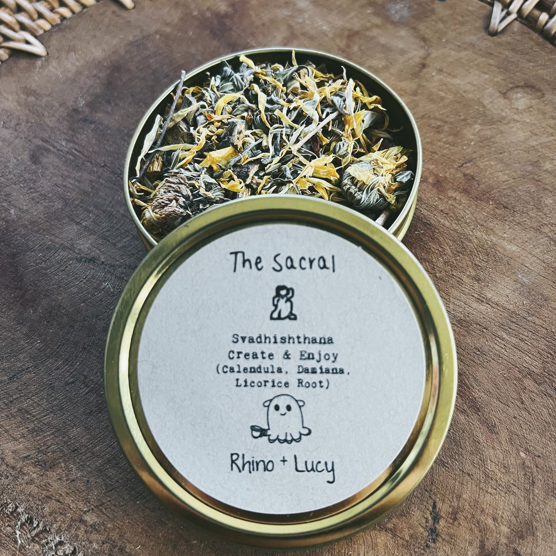 SACRAL Chakra Tea (Svadhishthana) "Create & Enjoy" Ingredients: Calendula, Damiana, Licorice Root Color: Orange Location: Pelvis Affirmation: I Feel Yoga Pose: Goddess | Rhino and Lucy