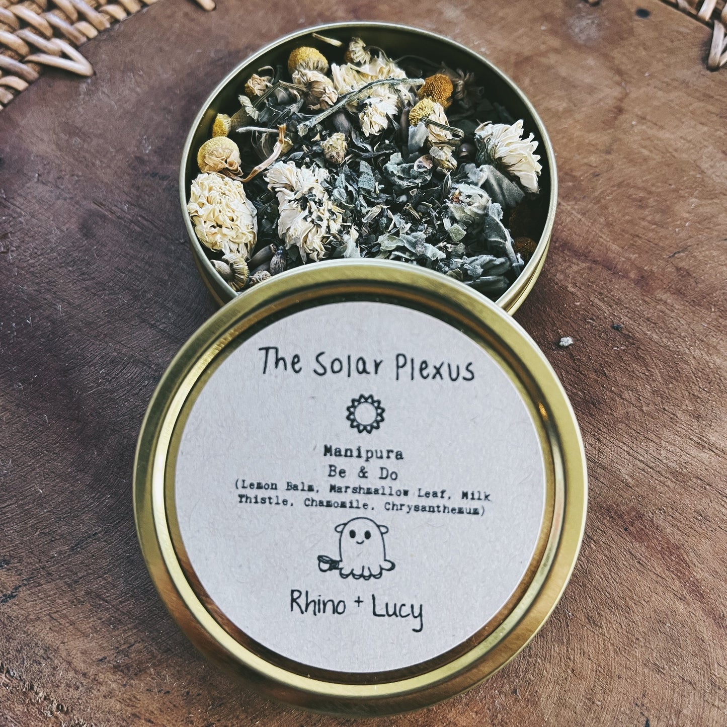 SOLAR PLEXUS Chakra Tea (Manipura) "Be & Do" Ingredients: Lemon Balm, Marshmallow Leaf, Chrysanthemum, Chamomile, Milk Thistle Color: Yellow Location: Naval Affirmation: I Do Yoga Pose: Bo | Rhino and Lucy