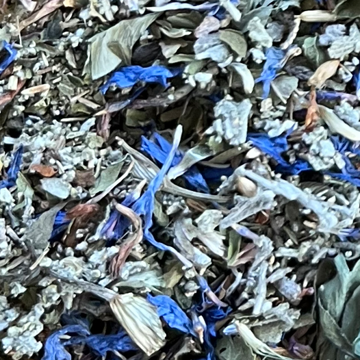 THROAT Chakra Tea (Vishuddha) "Express & Speak" Ingredients: Red Clover Tops, Sage, Cornflowers, Peppermint Color: Blue Location: Throat Affirmation: I Speak Yoga Pose: Lion | Rhino and Lucy