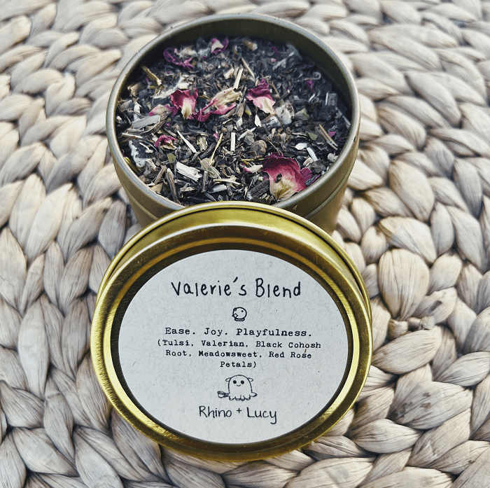 Shop Rhino and Lucy Custom Teas! Tea Blends designed just for you or your bestie, with a personalized label in a cute gold gift tin :) Tell us about yourself and your lifestyle (or your recipient's) so our herbalist Lucy can mix up the perfect blend! ❤️