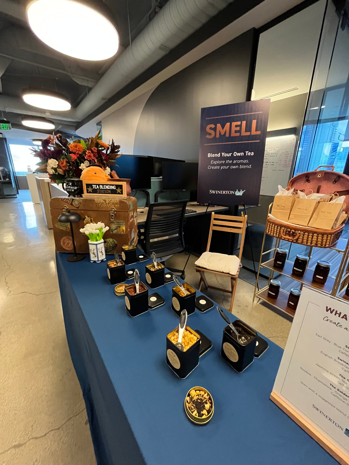 Rhino and Lucy interactive tea blending station setup as a corporate event activation idea.