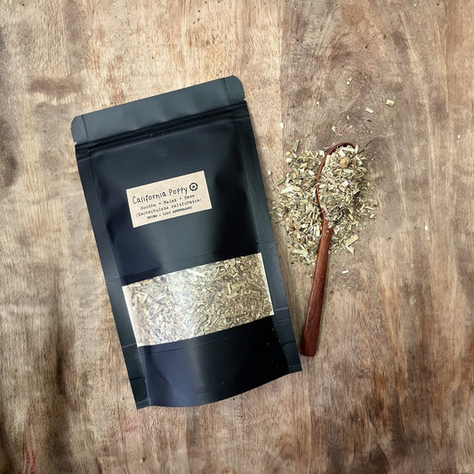 California Poppy is a gentle sedative known for calming the mind, easing tension, and promoting restful sleep—without grogginess. Perfect for bedtime blends. Shop Rhino and Lucy, Curated Herbal Teas for Wellness, Ritual & Gifting.