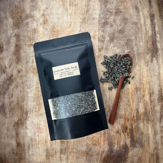 Gunpowder Green Tea is made from tightly rolled leaves, slightly smoky flavor, full of antioxidants and naturally energizing, a fantastic swap for coffee lovers. Shop Rhino and Lucy, Curated Herbal Teas for Wellness, Ritual & Gifting.
