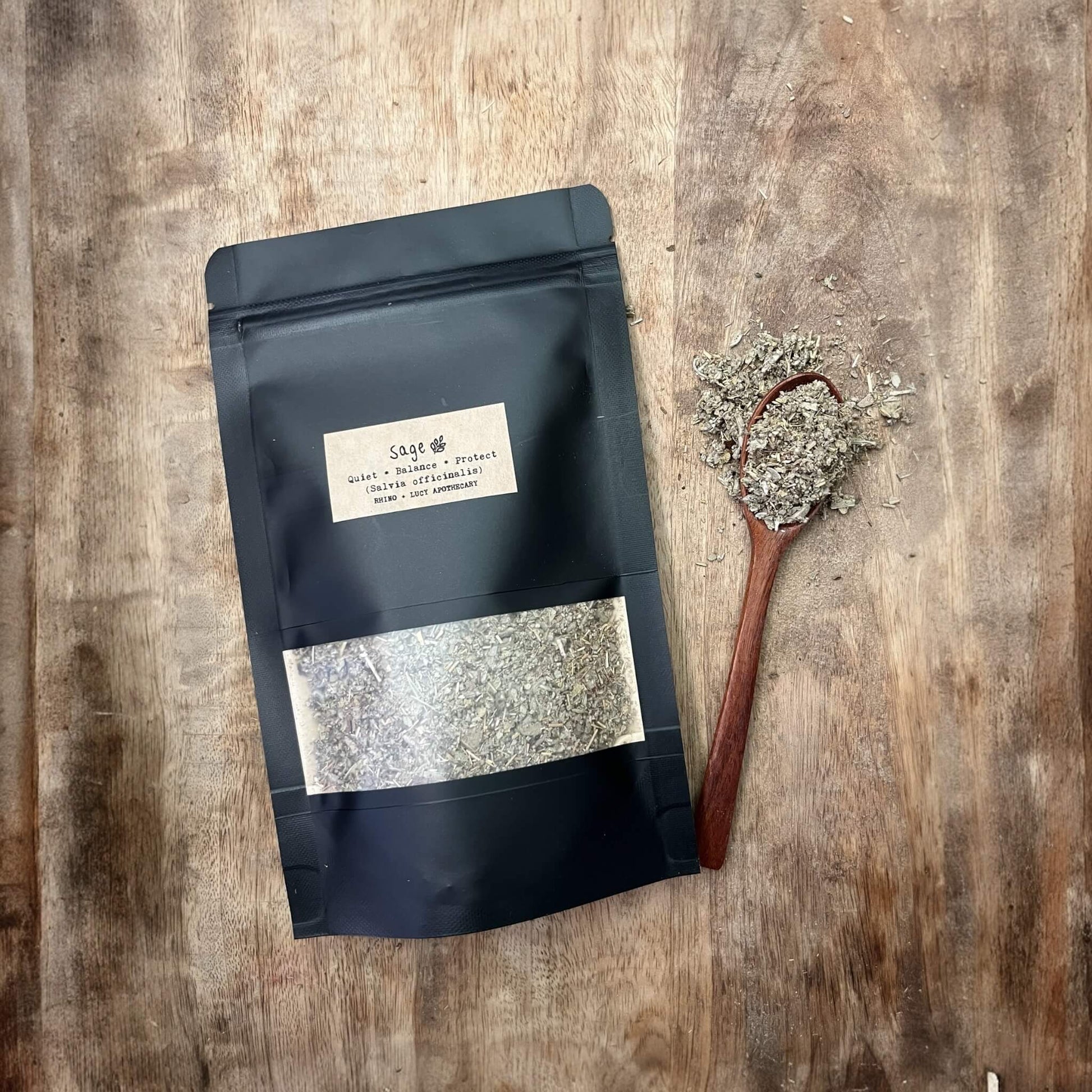 Organic Sage leaf for tea, smoke cleansing & rituals. Hand-packed in 1–2 oz pouches. A purifying herb to support clarity, digestion & spiritual protection. Shop Rhino and Lucy, Curated Herbal Teas for Wellness, Ritual & Gifting.