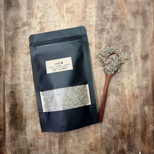 Organic Sage leaf for tea, smoke cleansing & rituals. Hand-packed in 1–2 oz pouches. A purifying herb to support clarity, digestion & spiritual protection. Shop Rhino and Lucy, Curated Herbal Teas for Wellness, Ritual & Gifting.