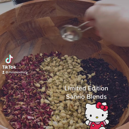 Lucy is a big Sanrio fan and has created 3 Character Themed Tea Blends to honor her favorite characters. Hello Kitty's Blend The Kitty (Red Rose Petals, Hibiscus, Jasmine Flowers) Pochacco's Blend The Pooch (Oolong & Chrysanthemum) Little Twin Star's Blend The Twins (Yarrow, Cornflowers, Pink Rose Petals) ❤️ | Shop Rhino and Lucy Teas Online!